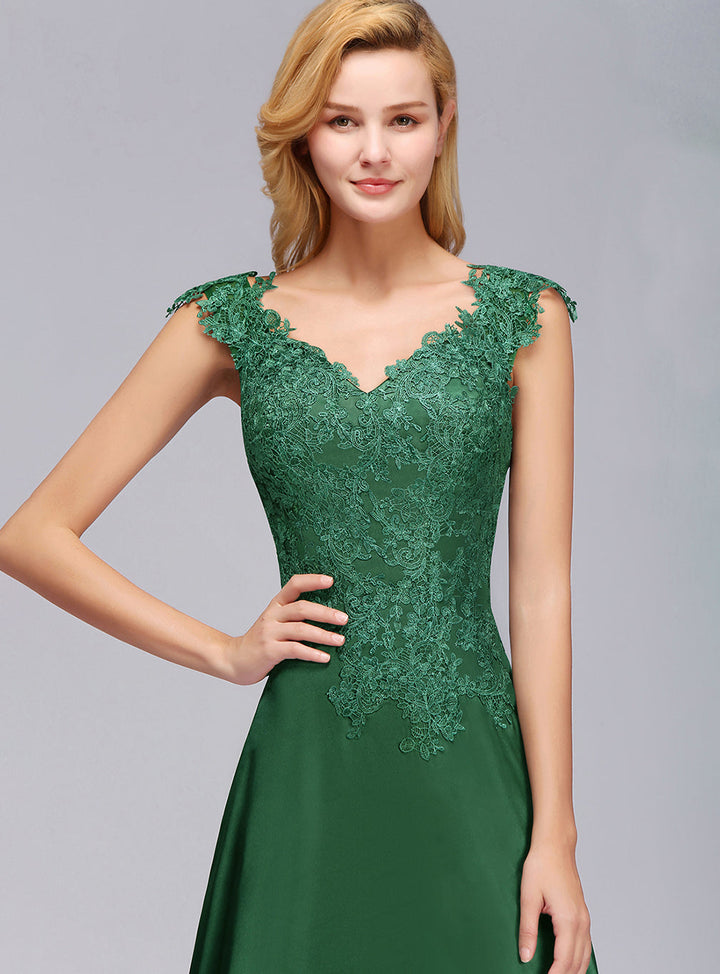 Koscy Elegant V-Neck Dark Green Lace Bridesmaid Dresses with Front-Slit