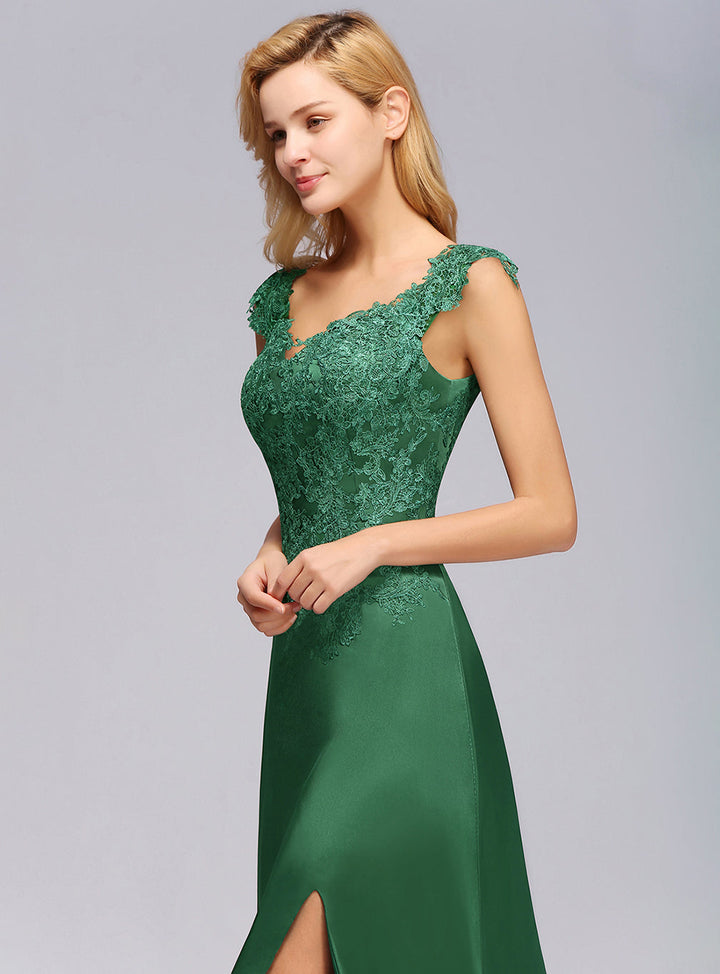 Koscy Elegant V-Neck Dark Green Lace Bridesmaid Dresses with Front-Slit