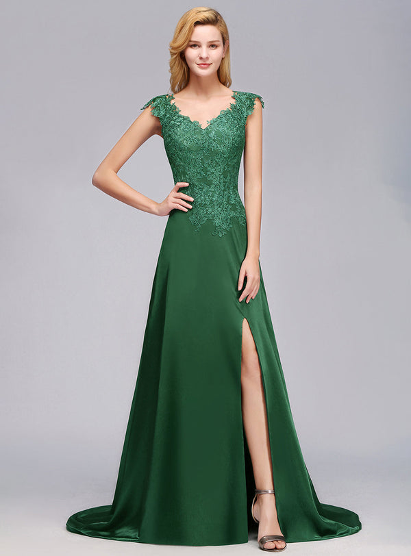 Koscy Elegant V-Neck Dark Green Lace Bridesmaid Dresses with Front-Slit