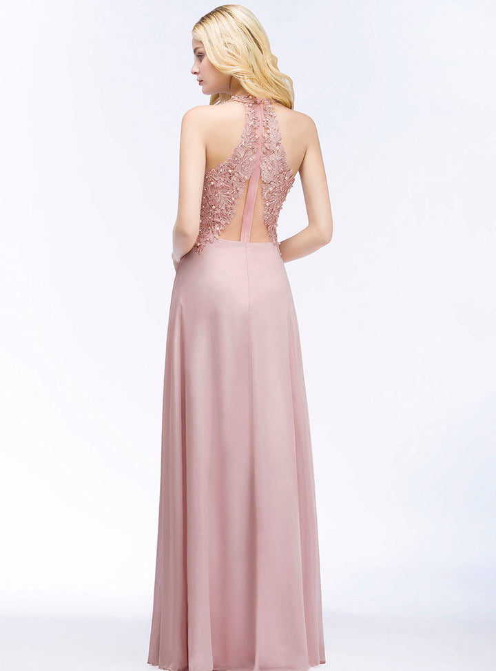 A-line Lace Chiffon Floor-Length Dress with Pearls-koscy