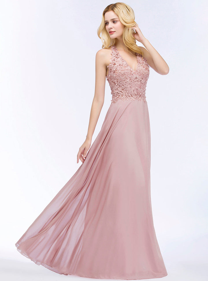 A-line Lace Chiffon Floor-Length Dress with Pearls-koscy