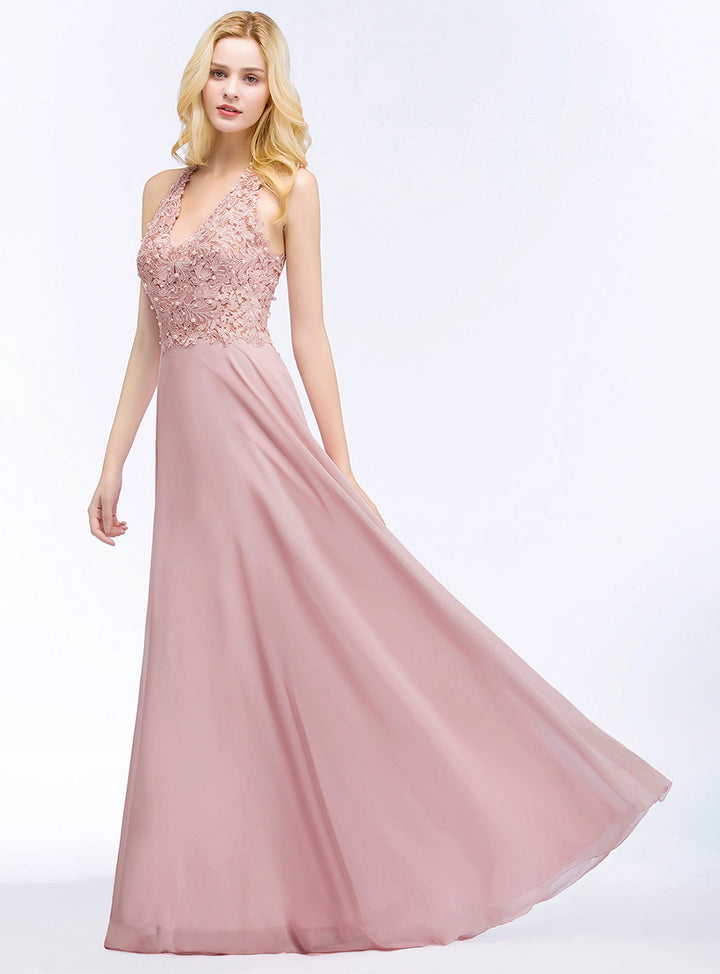 A-line Lace Chiffon Floor-Length Dress with Pearls-koscy