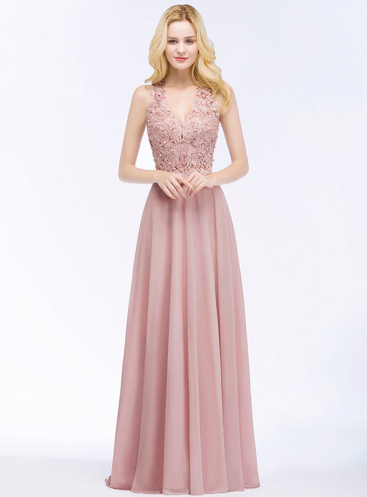 A-line Lace Chiffon Floor-Length Dress with Pearls-koscy