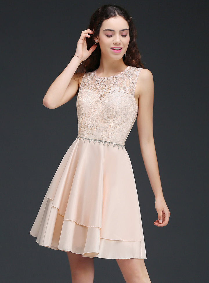 Koscy Pretty Lace Backless Short Pink Bridesmaid Dresses with Beadings