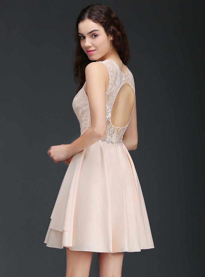 Koscy Pretty Lace Backless Short Pink Bridesmaid Dresses with Beadings