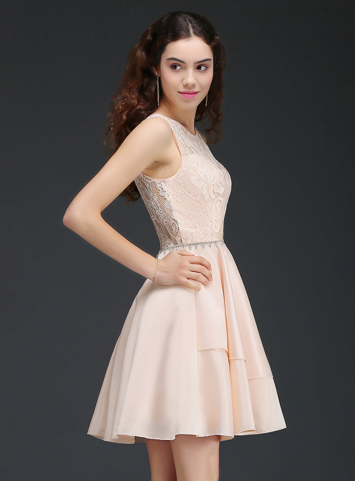 Koscy Pretty Lace Backless Short Pink Bridesmaid Dresses with Beadings