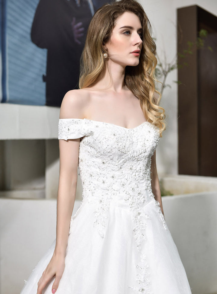 A-line Lace Off-the-Shoulder Court Train Dress