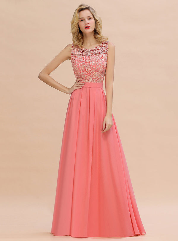 A-Line Lace Scoop Sleeveless Floor-Length Dress-koscy