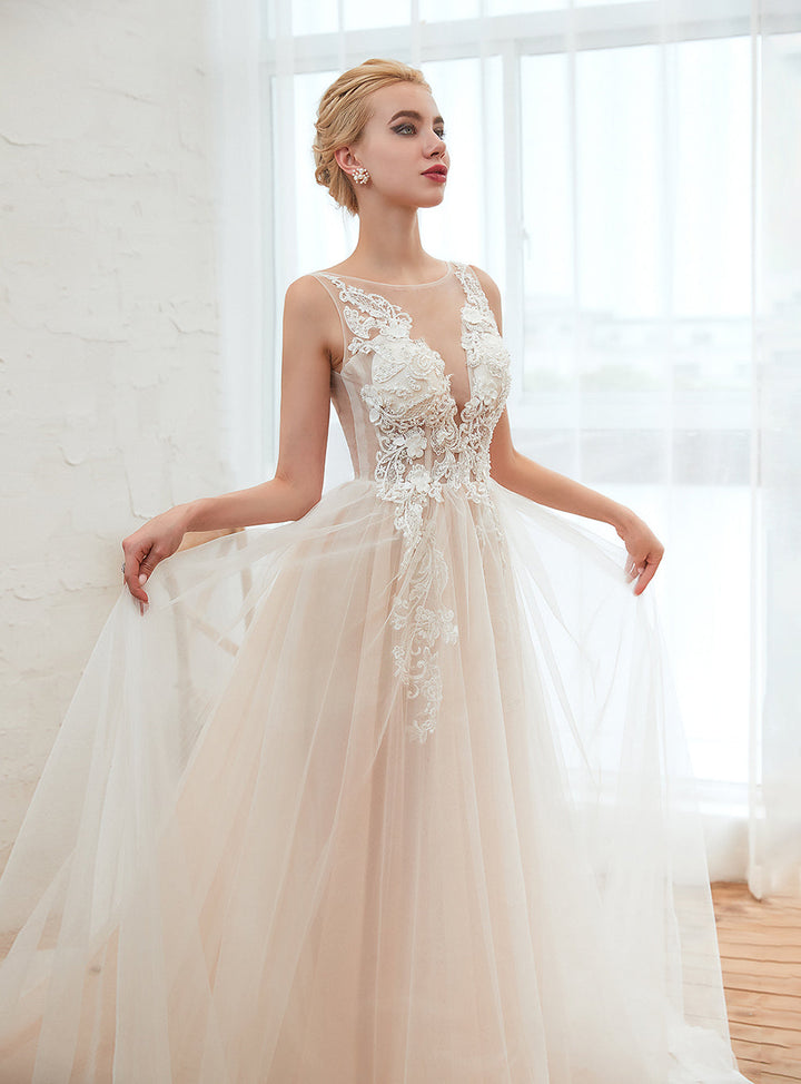 A-line Lace Tulle Chapel Train Dress-koscy