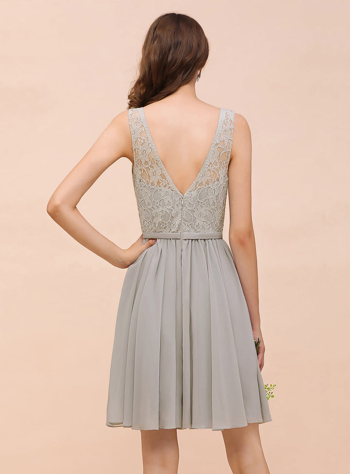 Koscy Affordable Lace V-Neck Silver Chiffon Short Bridesmaid Dress Online