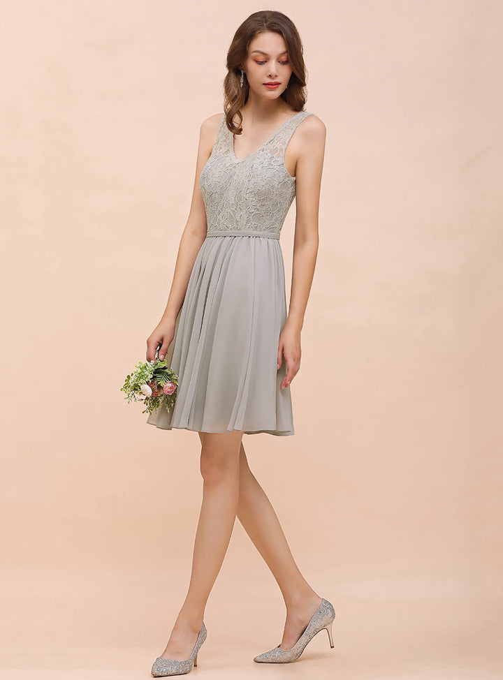 Koscy Affordable Lace V-Neck Silver Chiffon Short Bridesmaid Dress Online