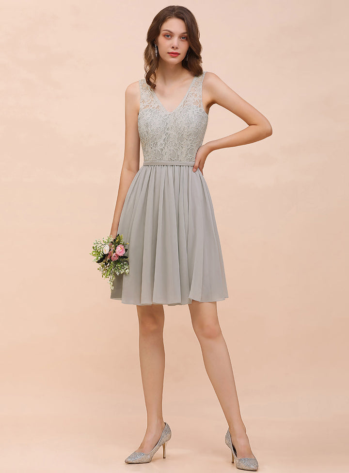 Koscy Affordable Lace V-Neck Silver Chiffon Short Bridesmaid Dress Online