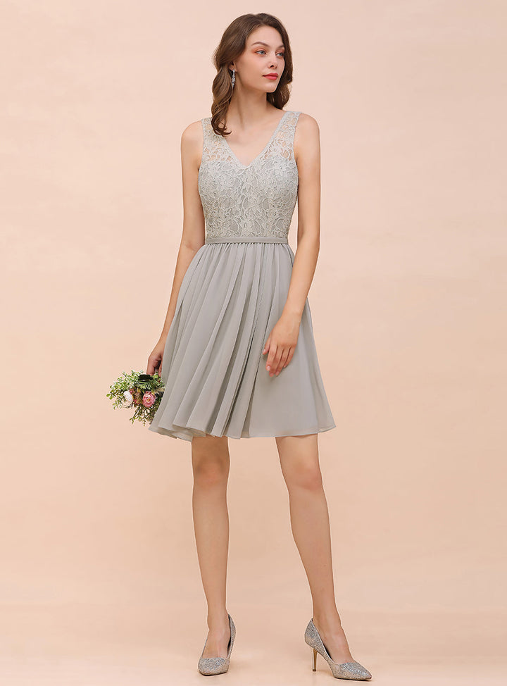 Koscy Affordable Lace V-Neck Silver Chiffon Short Bridesmaid Dress Online