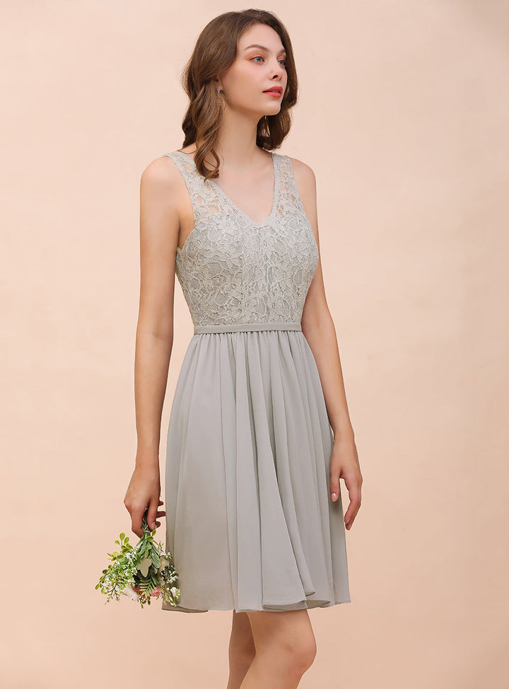 Koscy Affordable Lace V-Neck Silver Chiffon Short Bridesmaid Dress Online