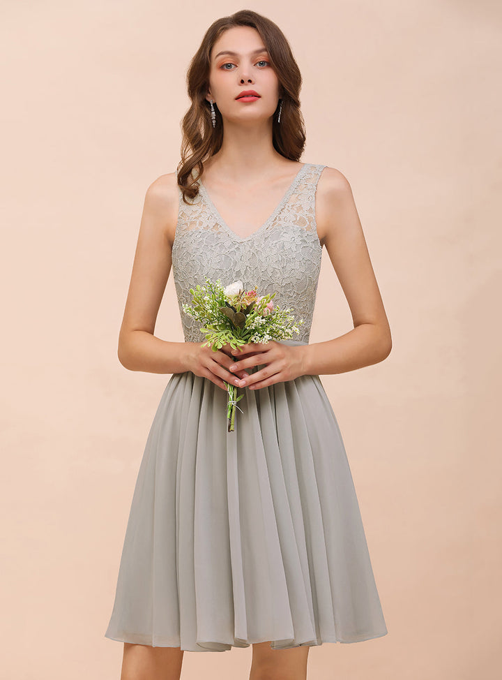 Koscy Affordable Lace V-Neck Silver Chiffon Short Bridesmaid Dress Online