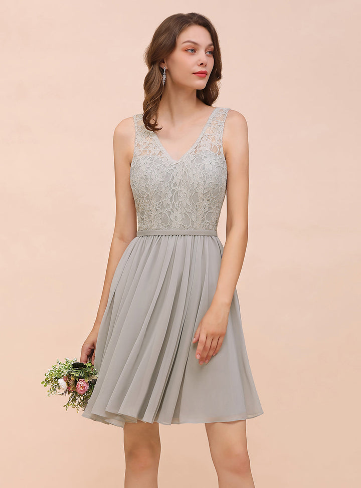 Koscy Affordable Lace V-Neck Silver Chiffon Short Bridesmaid Dress Online