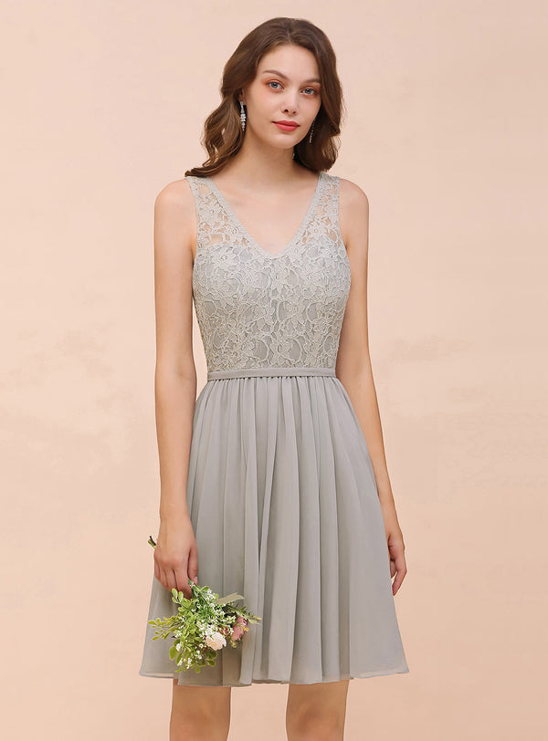 Koscy Affordable Lace V-Neck Silver Chiffon Short Bridesmaid Dress Online