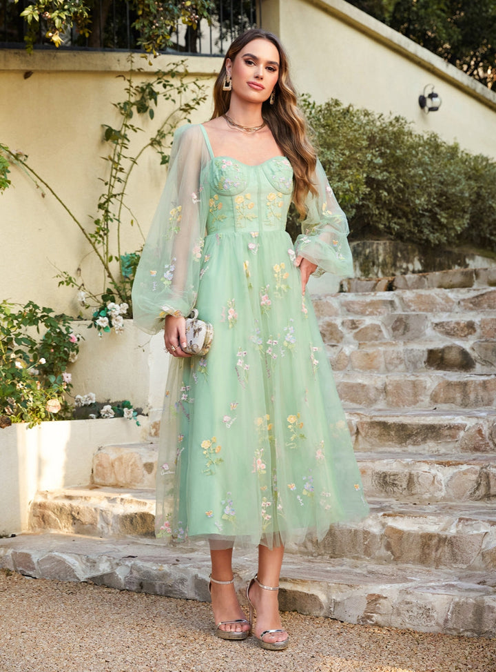 A-line Long Sleeves Floral Ankle Length Dress-koscy