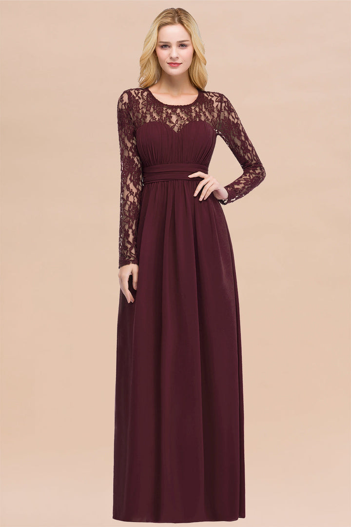 Koscy Elegant Lace Burgundy Bridesmaid Dresses Online with Long Sleeves