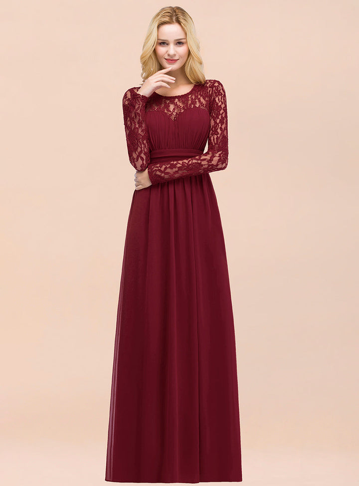 A-line Long Sleeves Lace Chiffon Floor-Length Dress Burgundy-koscy