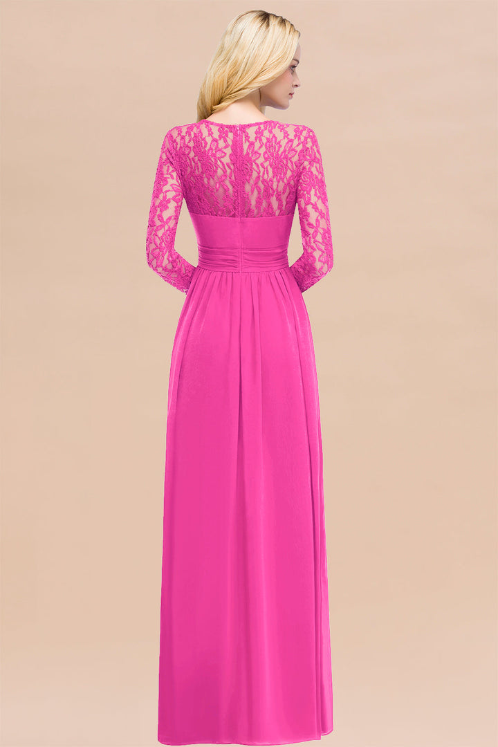 A-line Long Sleeves Lace Chiffon Floor-Length Dress Burgundy-koscy