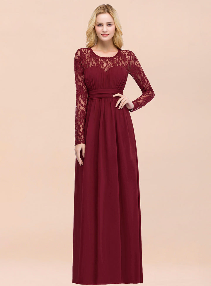 A-line Long Sleeves Lace Chiffon Floor-Length Dress Burgundy-koscy