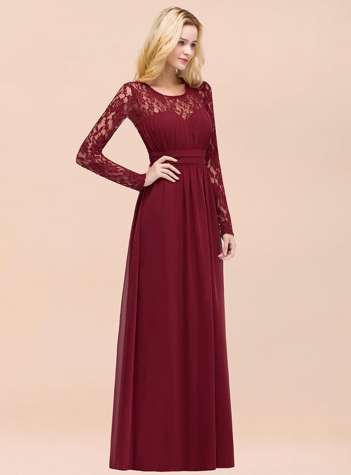 A-line Long Sleeves Lace Chiffon Floor-Length Dress Burgundy-koscy