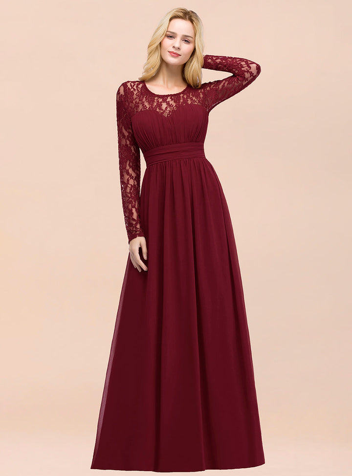 A-line Long Sleeves Lace Chiffon Floor-Length Dress Burgundy-koscy