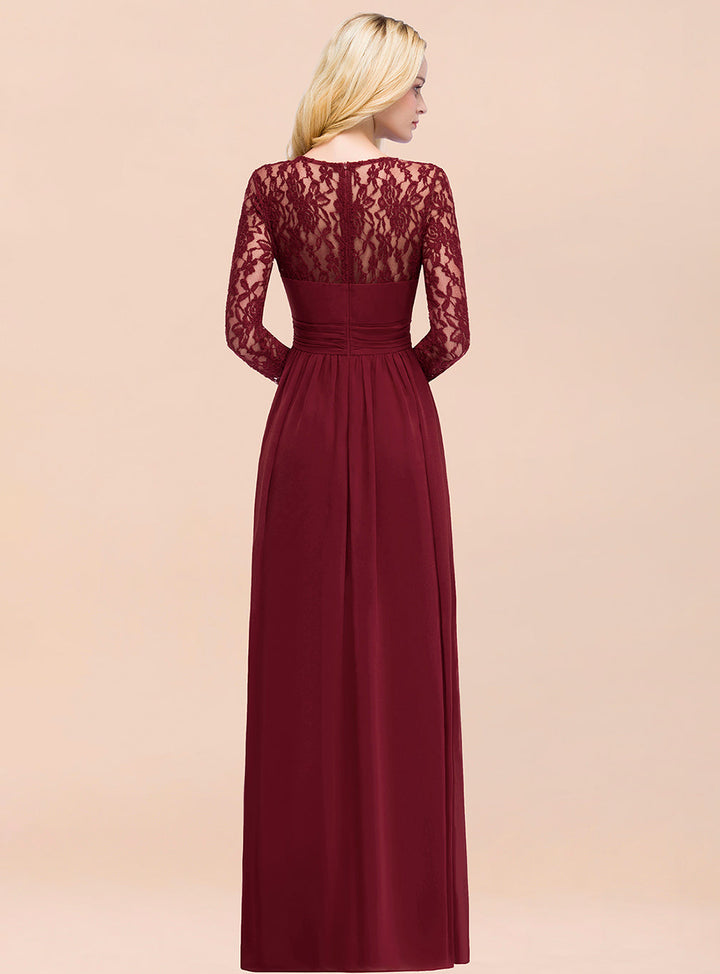 A-line Long Sleeves Lace Chiffon Floor-Length Dress Burgundy-koscy