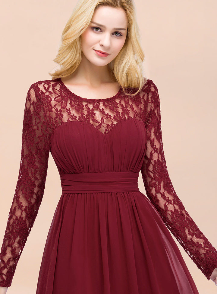 A-line Long Sleeves Lace Chiffon Floor-Length Dress Burgundy-koscy