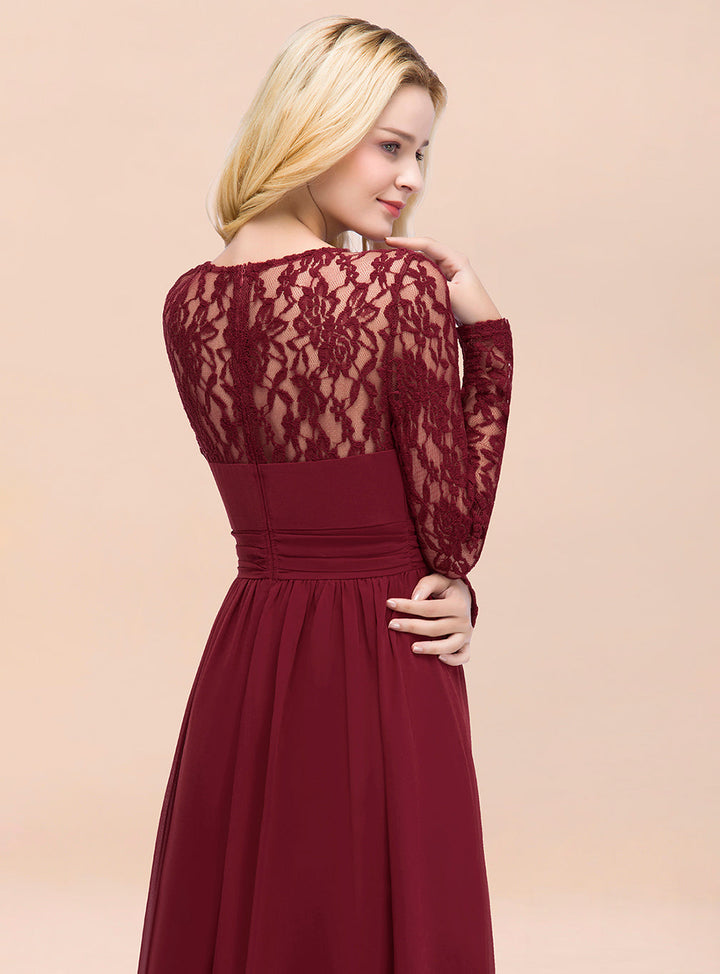 A-line Long Sleeves Lace Chiffon Floor-Length Dress Burgundy-koscy