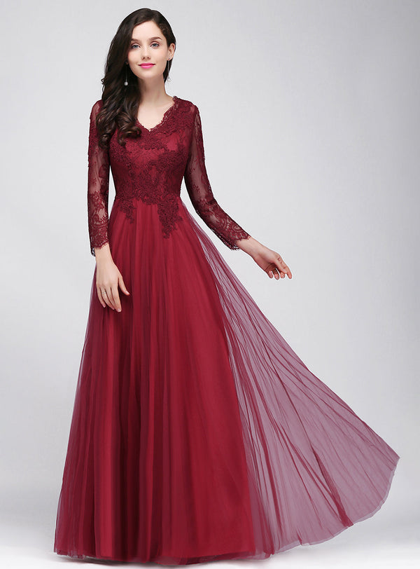 Koscy Affordable Long Sleeves V-Neck Lace Burgundy Bridesmaid Dresses with Appliques