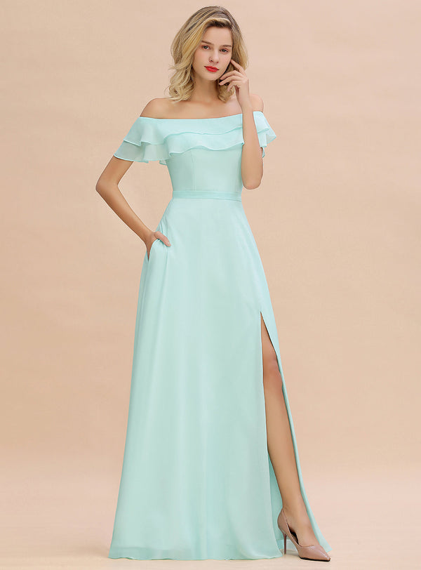 A-line Off-the-Shoulder Chiffon Side Slit Floor-Length Dress with Pockets-koscy