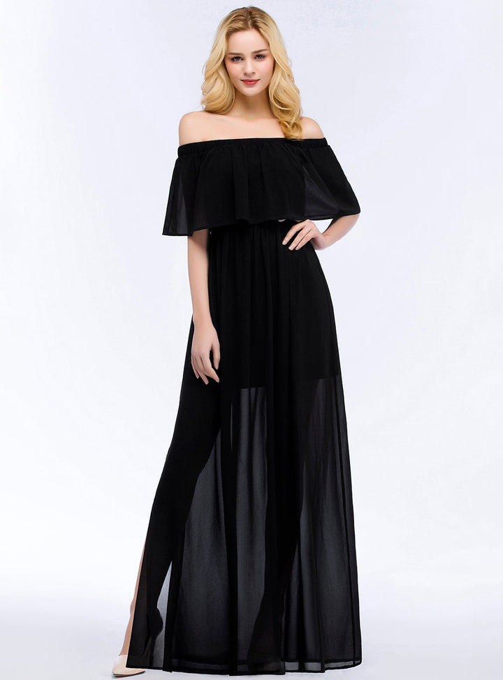 Koscy Affordable Black Off-the-shoulder Long Chiffon Bridesmaid Dress Online