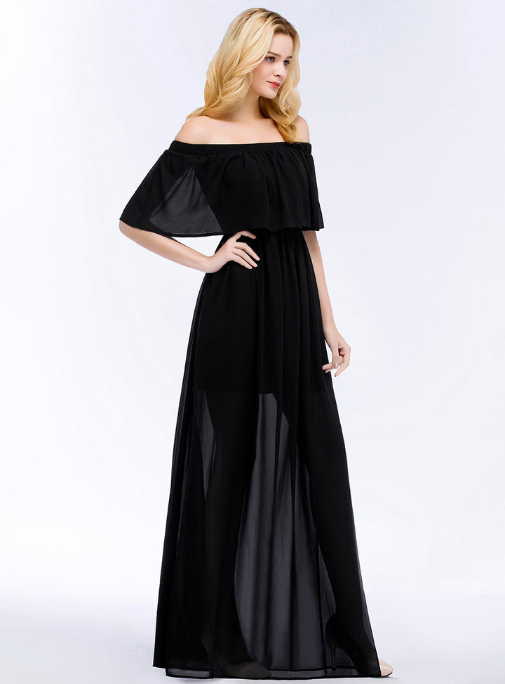 Koscy Affordable Black Off-the-shoulder Long Chiffon Bridesmaid Dress Online