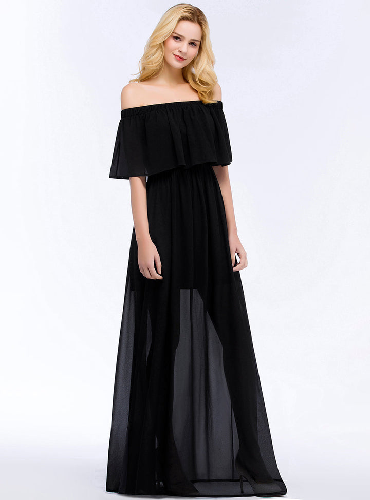 Koscy Affordable Black Off-the-shoulder Long Chiffon Bridesmaid Dress Online