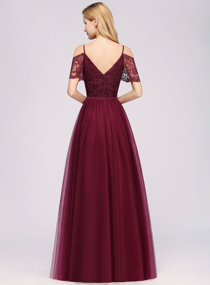 Koscy Affordable Chiffon Off-the-Shoulder Burgundy Lace Bridesmaid Dresses