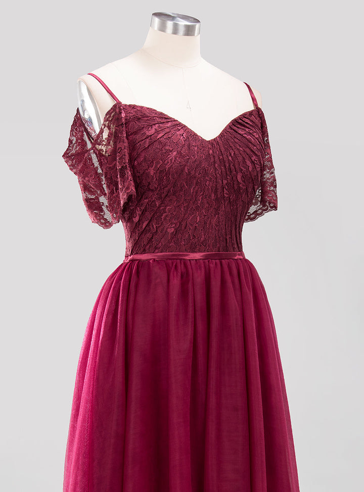 Koscy Affordable Chiffon Off-the-Shoulder Burgundy Lace Bridesmaid Dresses