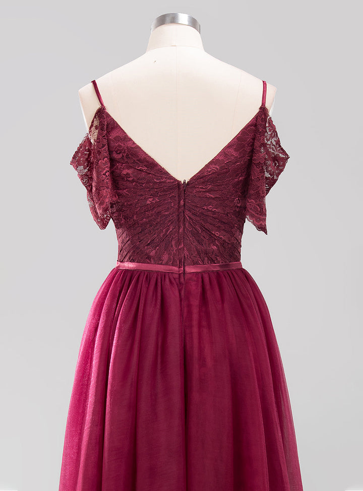 Koscy Affordable Chiffon Off-the-Shoulder Burgundy Lace Bridesmaid Dresses