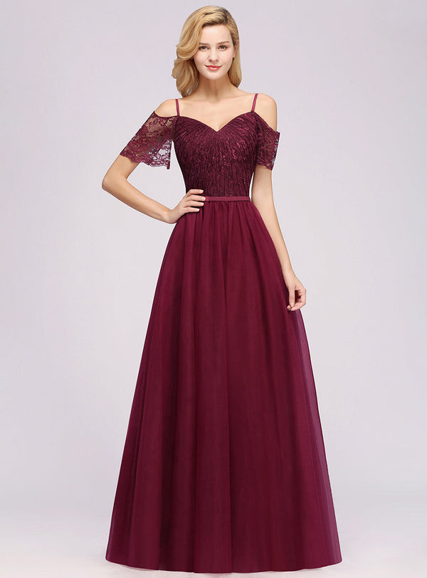 Koscy Affordable Chiffon Off-the-Shoulder Burgundy Lace Bridesmaid Dresses