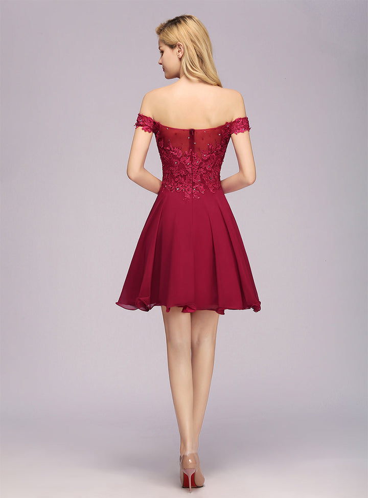 A-line Off-the-Shoulder Lace Chiffon Knee-Length Dress with Beadings Burgundy-koscy