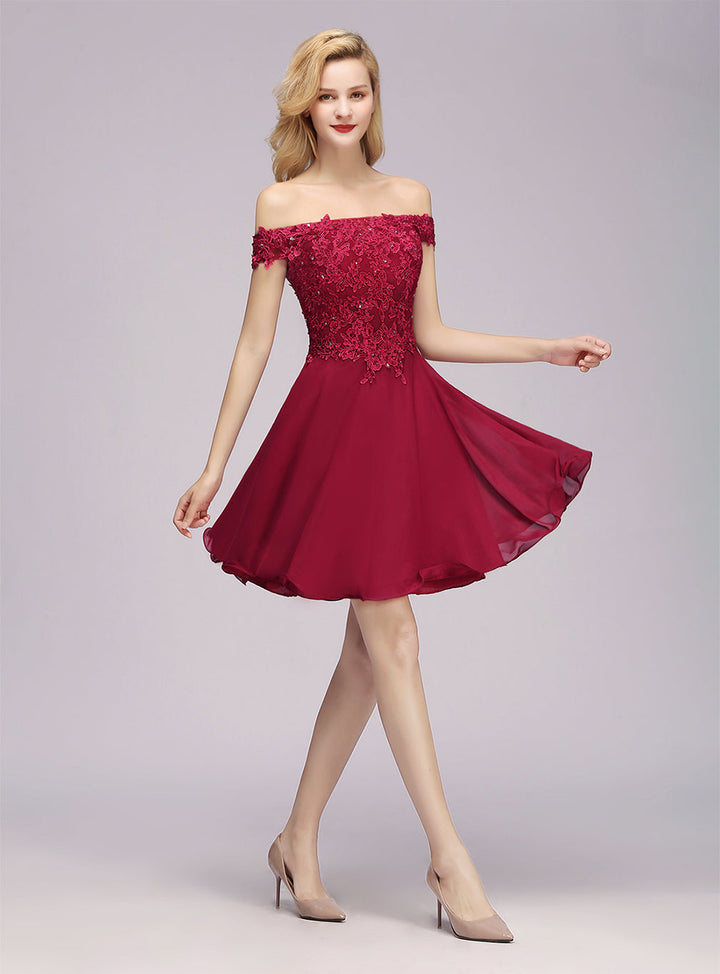 A-line Off-the-Shoulder Lace Chiffon Knee-Length Dress with Beadings Burgundy-koscy