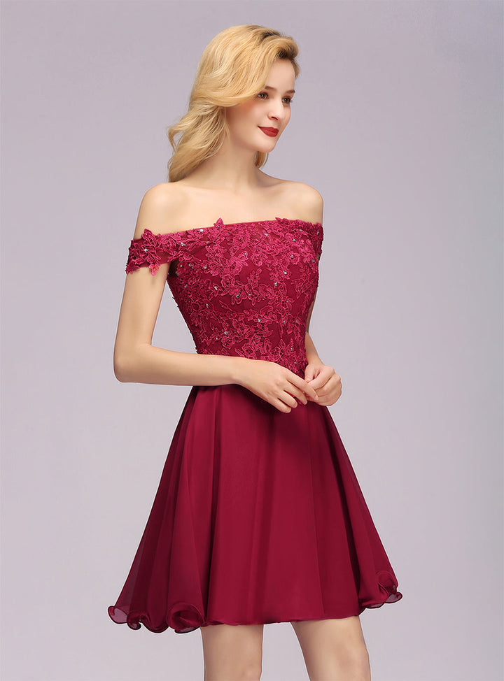 A-line Off-the-Shoulder Lace Chiffon Knee-Length Dress with Beadings Burgundy-koscy