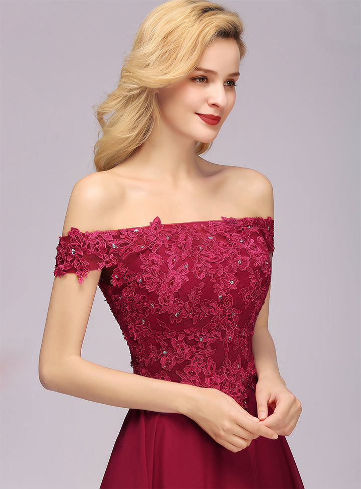 A-line Off-the-Shoulder Lace Chiffon Knee-Length Dress with Beadings Burgundy-koscy