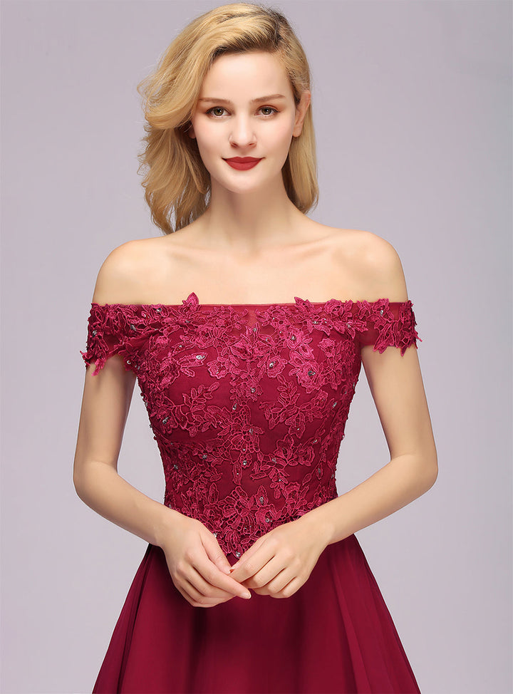 A-line Off-the-Shoulder Lace Chiffon Knee-Length Dress with Beadings Burgundy-koscy