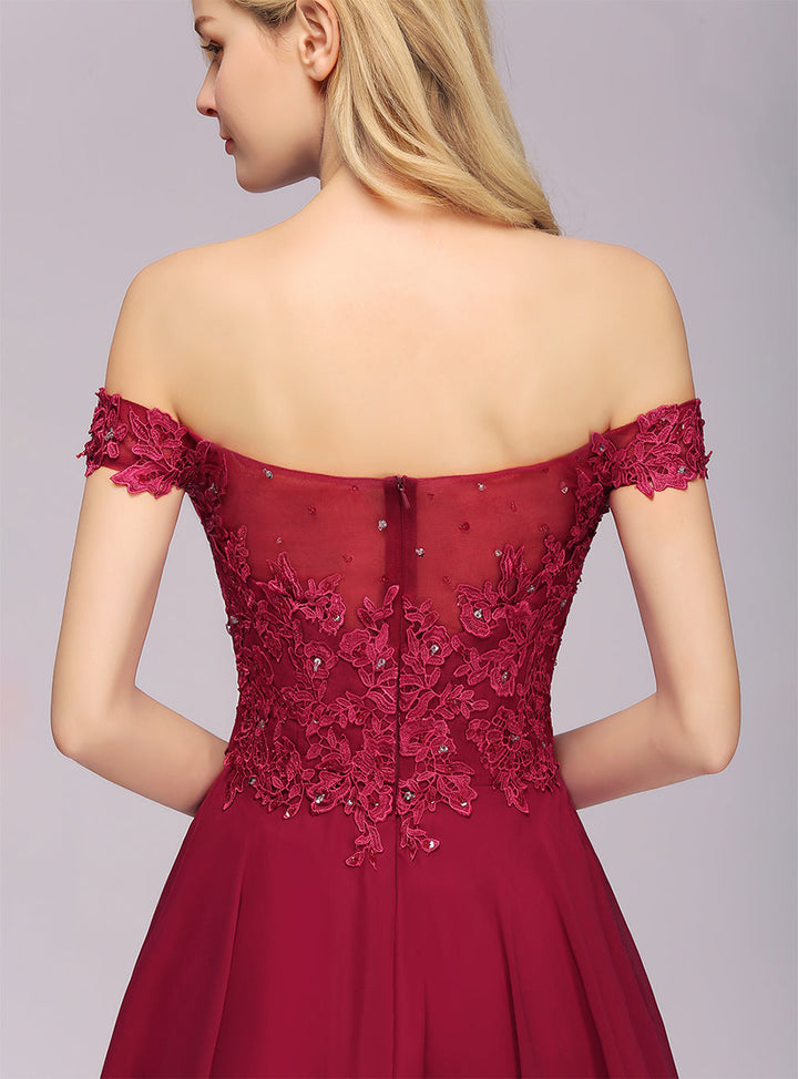 A-line Off-the-Shoulder Lace Chiffon Knee-Length Dress with Beadings Burgundy-koscy