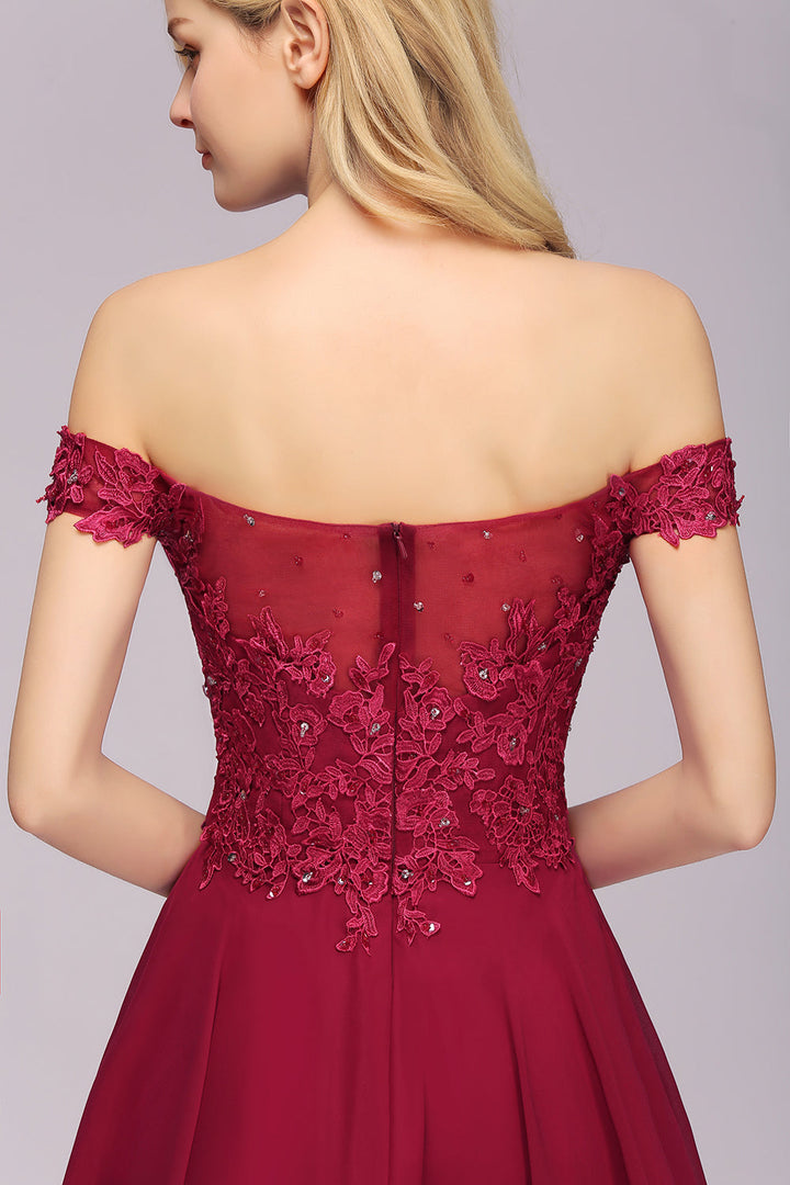 A-line Off-the-Shoulder Lace Chiffon Knee-Length Dress with Beadings Burgundy-koscy