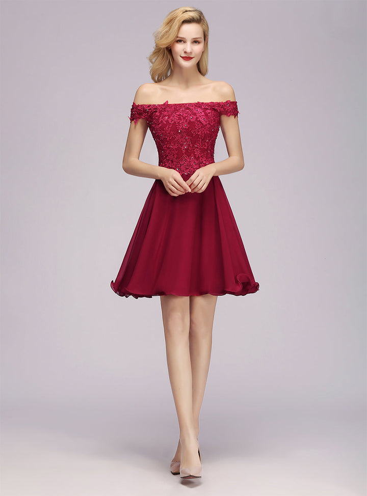 A-line Off-the-Shoulder Lace Chiffon Knee-Length Dress with Beadings Burgundy-koscy