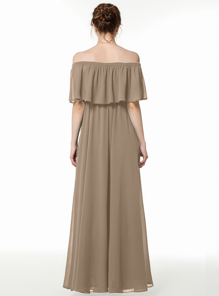 A-line Off-the-Shoulder Pleated Chiffon Floor-Length Dress Dark Green-koscy