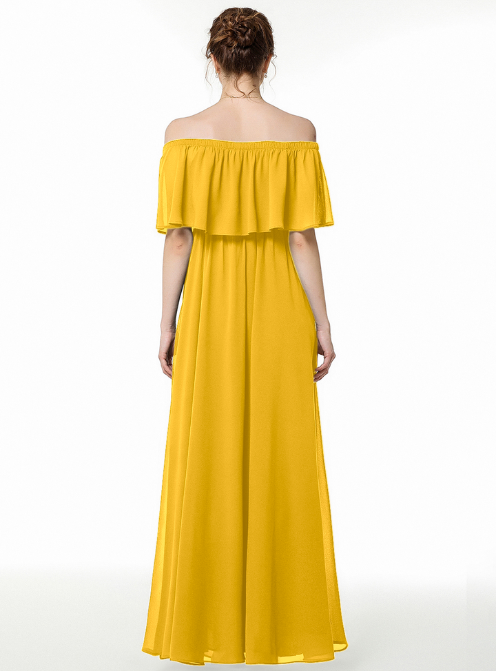 A-line Off-the-Shoulder Pleated Chiffon Floor-Length Dress Dark Green-koscy